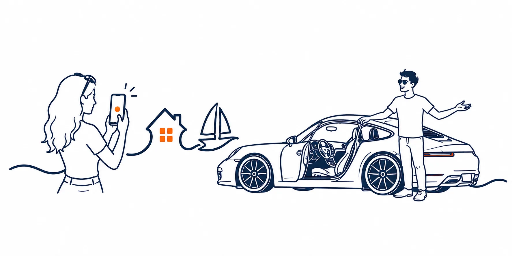 Hand-drawn illustration of a GoSwap creator filming an owner presenting their sports car, with sketches of a house and sailboat between them